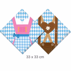 Zwei Oktoberfest Servietten mit blau-weißem Rautenmuster und Motiven von Dirndl und Lederhose, Größe 33 × 33 cm.