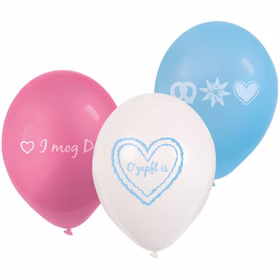 Drei Oktoberfest Luftballons in Pink, Weiß und Hellblau mit Aufdrucken wie „O’zapft is“, Herz, Brezel und Edelweiß.