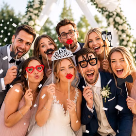 Fotobox Kostüm-Zubehör 24-tlg. – Party-Spaß für Hochzeit, Geburtstag & JGA Perücken Hüte Augenmaske Brille Haarreifen Kette Ohrringe Accessoires Mottoparty Fröhliche Hochzeitsgesellschaft mit Fotobox-Requisiten am Stab wie Brillen, Krone, Kussmund und Fliege für kreative Erinnerungsfotos und Gruppenbilder.