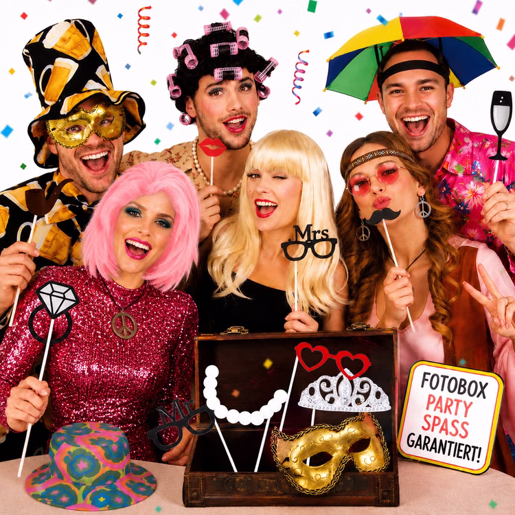 Fotobox Kostüm-Zubehör 24-tlg. – Party-Spaß für Hochzeit, Geburtstag & JGA Perücken Hüte Augenmaske Brille Haarreifen Kette Ohrringe Accessoires Mottoparty Übersicht des Fotobox-Sets mit Perücken, Hüten, Brillen, Maske, Schmuck, Haarreifen und verschiedenen Fotorequisiten am Stab.