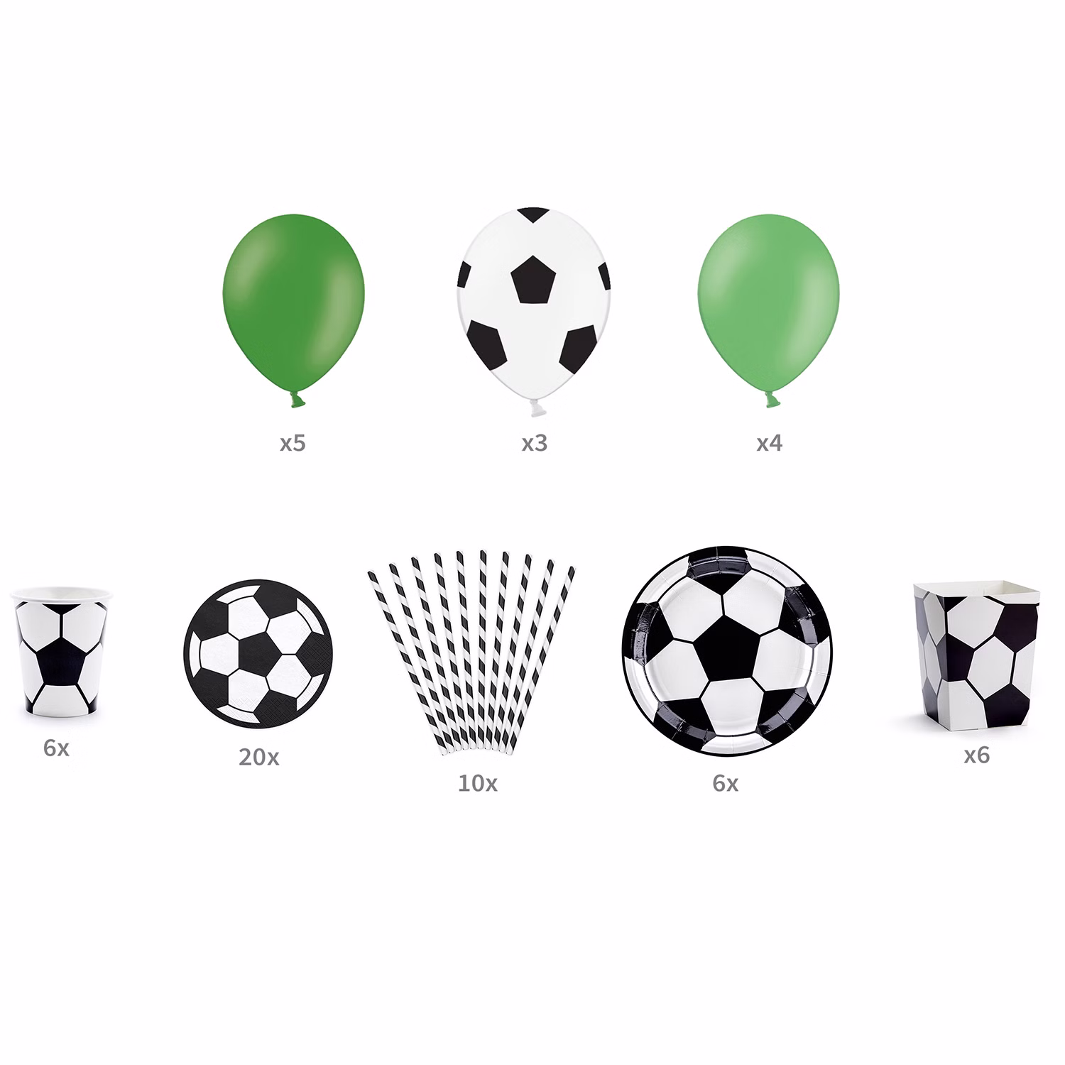 Übersicht aller enthaltenen Partyartikel wie Ballons, Teller, Becher, Servietten und Strohhalme.