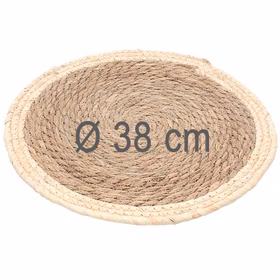 Platzset Stroh 38 cm Durchmesser Rundes Stroh-Platzset in Naturfarben mit eingeblendeter Maßangabe von 38 cm Durchmesser zur übersichtlichen Größenangabe.