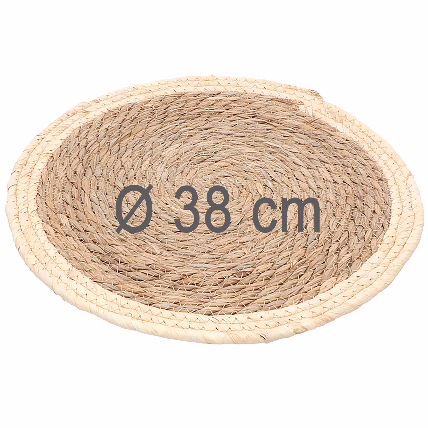 Rundes Stroh-Platzset in Naturfarben mit eingeblendeter Maßangabe von 38 cm Durchmesser zur übersichtlichen Größenangabe.