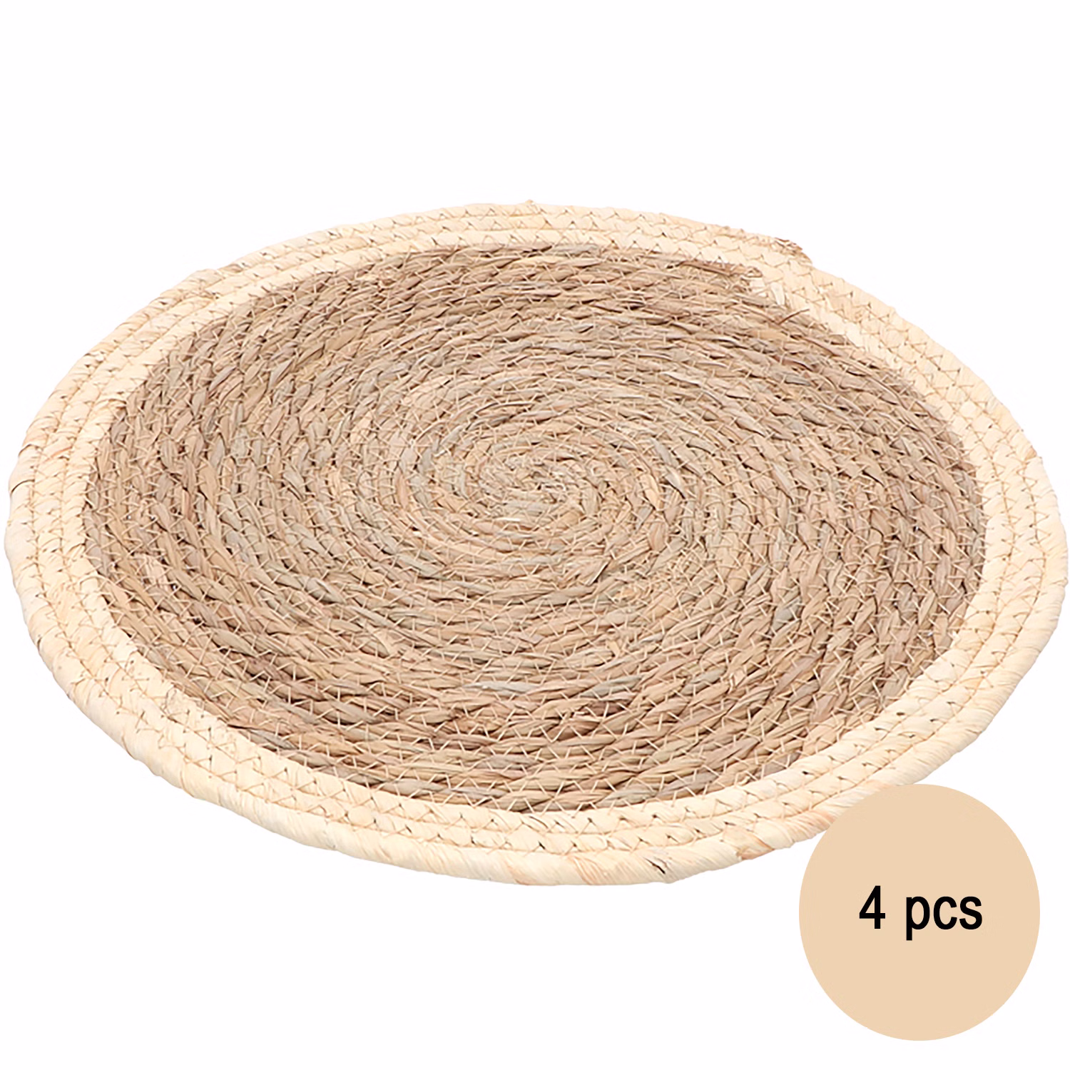 Naturfarbenes rundes Platzset aus geflochtenem Stroh mit Kennzeichnung als praktisches 4er-Set für Tischdekorationen.