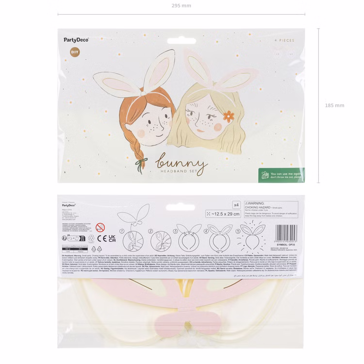 Hasenohren Haarreif Bastel-Set 4 Stück DIY Osterohren Rosa Creme Ostern SALE Hasenkostüm Oster-Deko Oster-Basteln Kindergeburtstag Fasching Karneval und Mottopartys Verpackung des DIY-Hasenohren-Sets mit vier Haarreifen, vier Papierohren und Klebepunkten.