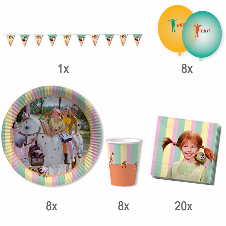 Pippi Langstrumpf Party-Set 45-tlg. Tisch-Deko Party-Zubehör Party-Geschirr Kindergeburtstag Mottoparty Pippi Langstrumpf Party-Set 45-tlg. Tisch-Deko Party-Zubehör Party-Geschirr Kindergeburtstag Mottoparty