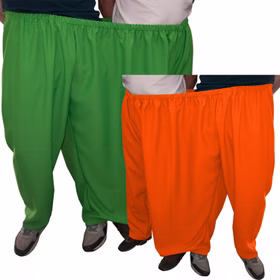 Grüne und Orangefarbene Doppelhose für zwei Personen mit vier Hosenbeinen
