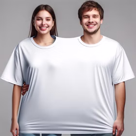 Doppel T-Shirt für zwei Personen mit zwei Kopföffnungen von Vorne mit grauem Hintergrund Hinweis: KI generiertes Bild