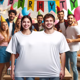 Doppel T-Shirt für zwei Personen mit zwei Kopföffnungen im Hintergrund eine Geburtstagsfeier Hinweis: KI generiertes Bild