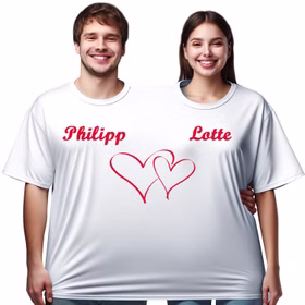 Doppel T-Shirt für zwei Personen mit individuellem Wunschnamen Philipp und Lotte als Beispiel bedruckt und Doppelherz von Vorne Hinweis: KI generiertes Bild