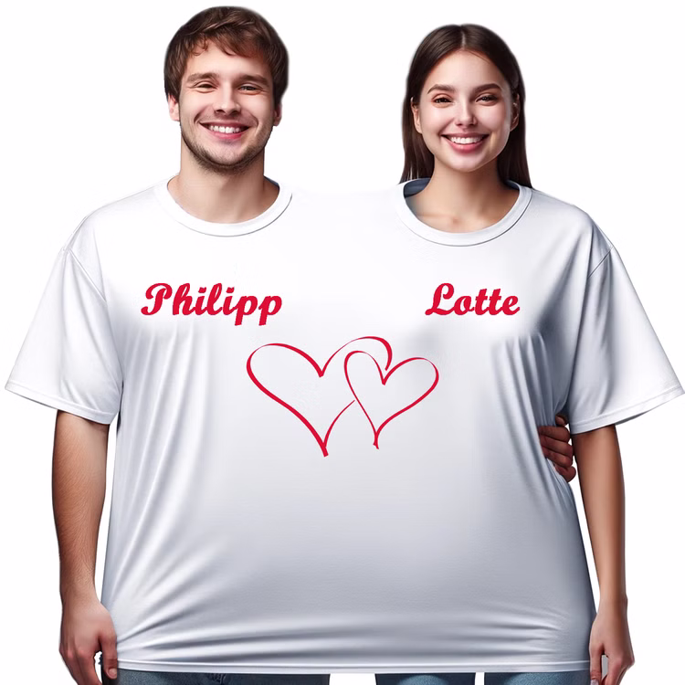 Doppel T-Shirt für 2 Personen mit Vorname Partyspaß für Geburtstage & Hochzeiten Partyspiel Fun-T-Shirt Fasching Karneval Mottoparty Wunschname Doppel T-Shirt für zwei Personen mit individuellem Wunschnamen Philipp und Lotte als Beispiel bedruckt und Doppelherz von Vorne Hinweis: KI generiertes Bild