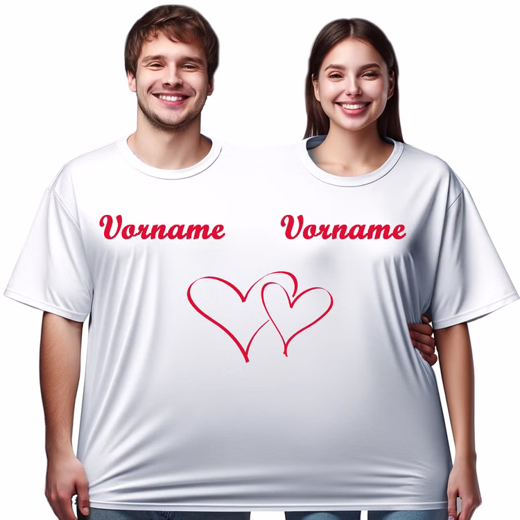 Doppel T-Shirt für 2 Personen mit Vorname Partyspaß für Geburtstage & Hochzeiten Partyspiel Fun-T-Shirt Fasching Karneval Mottoparty Wunschname Doppel T-Shirt für zwei Personen mit individuellem Vornamen bedruckt und Doppelherz von Vorne Hinweis: KI generiertes Bild
