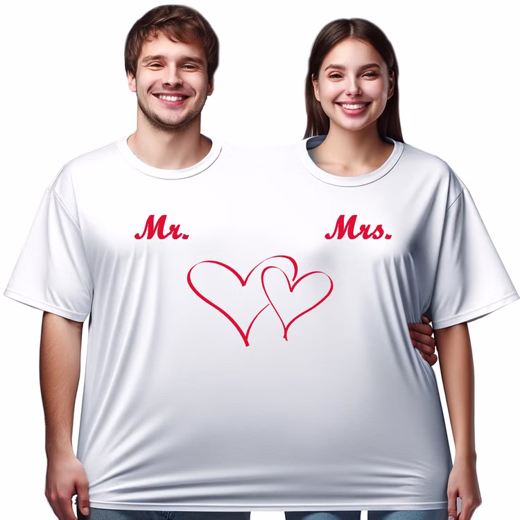 Doppel T-Shirt für 2 Personen Mr. & Mrs. Partyspaß für Geburtstage & Hochzeiten Partyspiel Fun-T-Shirt Fasching Karneval Mottoparty Wunschname Doppel T-Shirt für zwei Personen mit Mr.und Mrs. bedruckt und Doppelherz von Vorne Hinweis: KI generiertes Bild