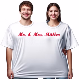 Doppel T-Shirt für 2 Personen Wunschname Nachname für Geburtstage & Hochzeiten Partyspiel Fun-T-Shirt Fasching Karneval Mottoparty Wunschname Doppel T-Shirt für 2 Personen Nachname Müller von Vorne Hinweis: KI generiertes Bild