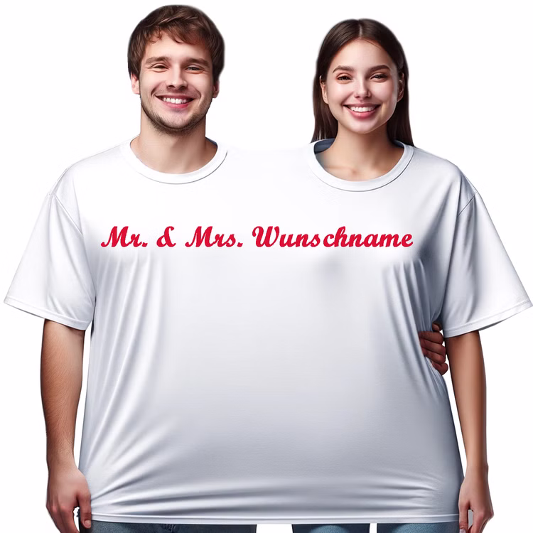 Doppel T-Shirt für 2 Personen Wunschname Nachname für Geburtstage & Hochzeiten Partyspiel Fun-T-Shirt Fasching Karneval Mottoparty Wunschname Doppel T-Shirt für 2 Personen Wunschname Nachname von Vorne Hinweis: KI generiertes Bild