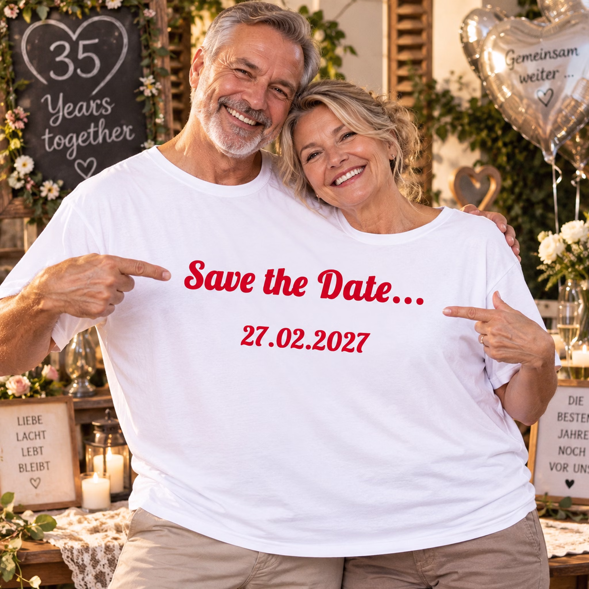 Doppel T-Shirt Save the Date Jubiläum Ein älteres Paar trägt gemeinsam das personalisierte Doppel-T-Shirt „Save the Date“ bei einer Feier zum langjährigen gemeinsamen Jubiläum. Hinweis: KI generiertes Bild