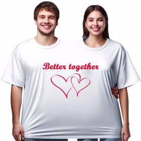 Doppel T-Shirt für zwei Personen mit zwei Kopföffnungen und Spruch Better together mit Doppelherz von Vorne Hinweis: KI generiertes Bild
