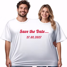 Eine Frau und ein Mann tragen gemeinsam das personalisierte Doppel-T-Shirt „Save the Date“ mit beispielhaftem Wunschdatum 27.02.2027. Hinweis: KI generiertes Bild