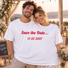 Ein Paar trägt gemeinsam das personalisierte Doppel-T-Shirt „Save the Date“ mit Datum 17.07.2027 in romantischer Hochzeitsatmosphäre. Hinweis: KI generiertes Bild