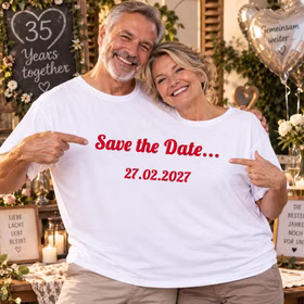 Ein älteres Paar trägt gemeinsam das personalisierte Doppel-T-Shirt „Save the Date“ bei einer Feier zum langjährigen gemeinsamen Jubiläum. Hinweis: KI generiertes Bild
