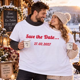 Ein Paar trägt gemeinsam das Doppel-T-Shirt „Save the Date“ mit Wunschdatum 27.02.2027 vor winterlicher Kulisse mit Schnee und Lichtern. Hinweis: KI generiertes Bild
