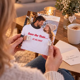 Eine Person hält eine Save-the-Date-Karte mit Foto eines Paares im Doppel-T-Shirt und dem Termin 27.02.2027 in den Händen. Hinweis: KI generiertes Bild