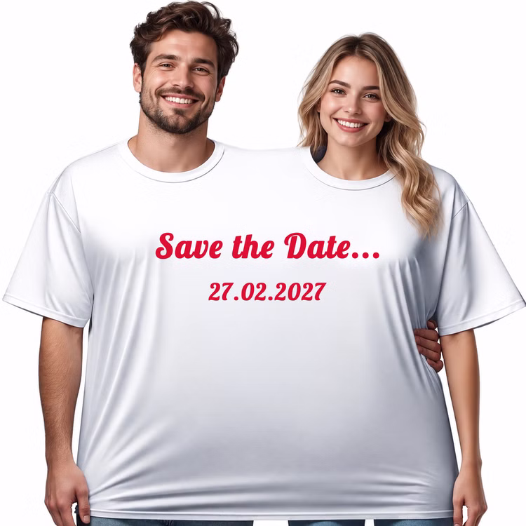 Doppel T-Shirt Save the Date Wunschdatum Eine Frau und ein Mann tragen gemeinsam das personalisierte Doppel-T-Shirt „Save the Date“ mit beispielhaftem Wunschdatum 27.02.2027. Hinweis: KI generiertes Bild