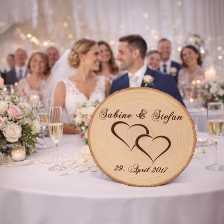 Baumscheibe mit Gravur Doppelherz Namen und Datum Hochzeit Jahrestag Holzscheibe Geschenkidee Brautpaar Hochzeitsgeschenk Personalisierte Baumscheibe mit Hochzeitsgravur als Dekoration auf einer festlich gedeckten Hochzeitstafel, im Hintergrund ein Brautpaar und Hochzeitsgäste in feierlicher Atmosphäre. Hinweis: KI generiertes Bild