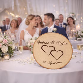 Baumscheibe mit Gravur Doppelherz Namen und Datum Hochzeit Jahrestag Holzscheibe Geschenkidee Brautpaar Hochzeitsgeschenk Personalisierte Baumscheibe mit Hochzeitsgravur als Dekoration auf einer festlich gedeckten Hochzeitstafel, im Hintergrund ein Brautpaar und Hochzeitsgäste in feierlicher Atmosphäre. Hinweis: KI generiertes Bild