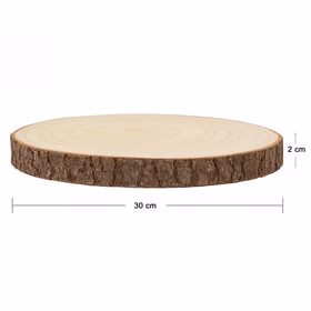 Seitliche Ansicht einer naturbelassenen Baumscheibe aus Holz mit Rinde, Durchmesser 30 cm und Höhe 2 cm.