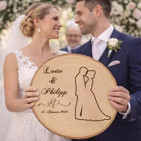Braut und Bräutigam halten eine personalisierte Baumscheibe mit Hochzeitsgravur während der Zeremonie, im Hintergrund Blumen und Hochzeitsgesellschaft. Hinweis: KI generiertes Bild