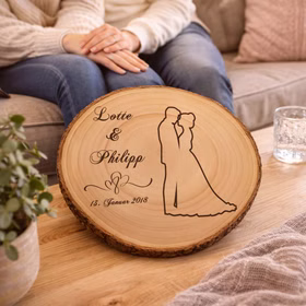 Gravierte Holzscheibe mit Hochzeitsmotiv liegt auf einem Couchtisch im Wohnzimmer, im Hintergrund sitzt ein Paar entspannt auf dem Sofa. Hinweis: KI generiertes Bild