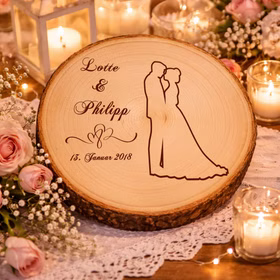 Personalisierte Baumscheibe mit Hochzeitsgravur liegt dekorativ auf Spitze, umgeben von Kerzenlicht, Rosen und feiner Hochzeitsdekoration.