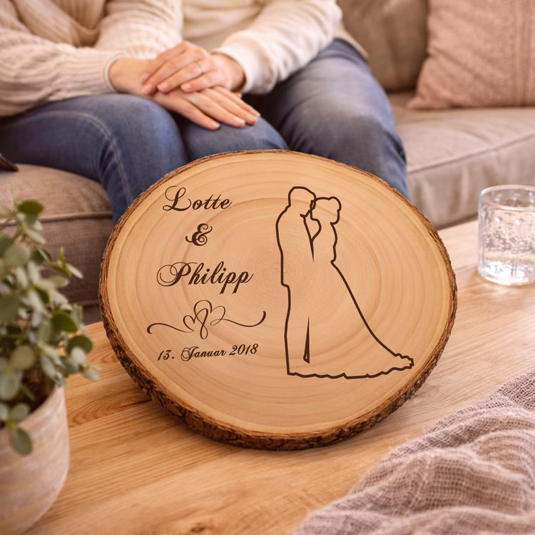 Baumscheibe mit Gravur 30 cm Brautpaar Namen und Datum Hochzeit Jahrestag Geschenkidee Hochzeitsgeschenk Silberhochzeit Gravierte Holzscheibe mit Hochzeitsmotiv liegt auf einem Couchtisch im Wohnzimmer, im Hintergrund sitzt ein Paar entspannt auf dem Sofa. Hinweis: KI generiertes Bild