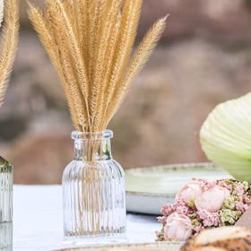 Vase Glasvase Transparent 4,3 x 7,4 cm Mini-Vase Deko-Vase Hochzeits-Tisch Geburtstag Wohnen Accessoire Deko-Vase Transparente Deko-Vase mit Trockenblumen auf einem gedeckten Tisch dekoriert