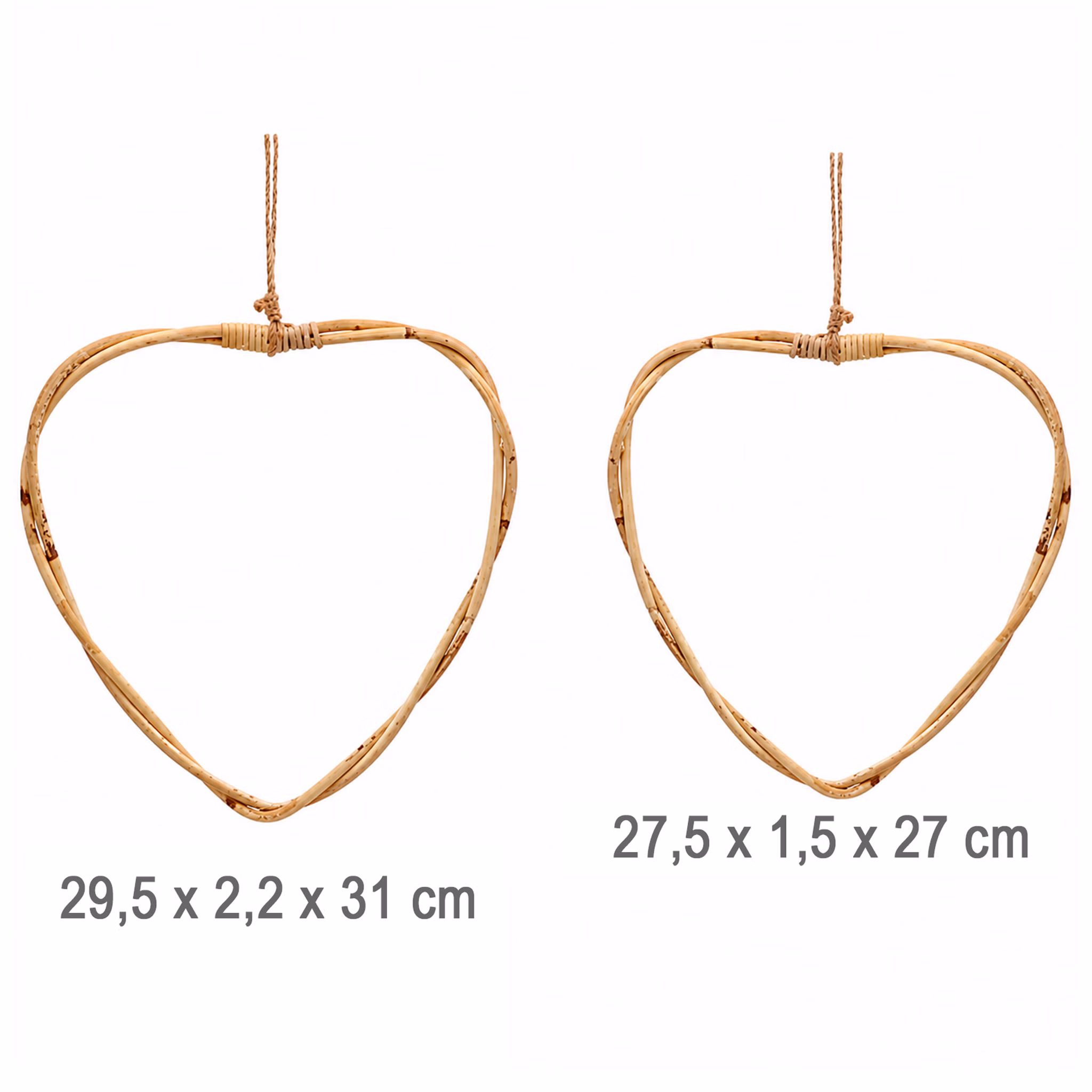 Rattan-Herzen 2er Set Natur 27 & 29 cm Deko-Herzen zum Basteln SALE Hochzeit Dekoration Bastelbedarf Türdeko Geschenk Natürliche Rattan-Herzen zum Hängen im 2er-Set mit Maßangaben.