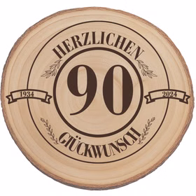 Runde Holz-Baumscheibe mit natürlicher Rinde und Gravur zum 90. Geburtstag, neutral freigestellt auf weißem Hintergrund. 