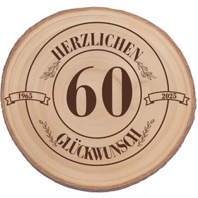 Runde Holz-Baumscheibe mit natürlicher Rinde und Gravur zum 60. Geburtstag, neutral freigestellt auf weißem Hintergrund.