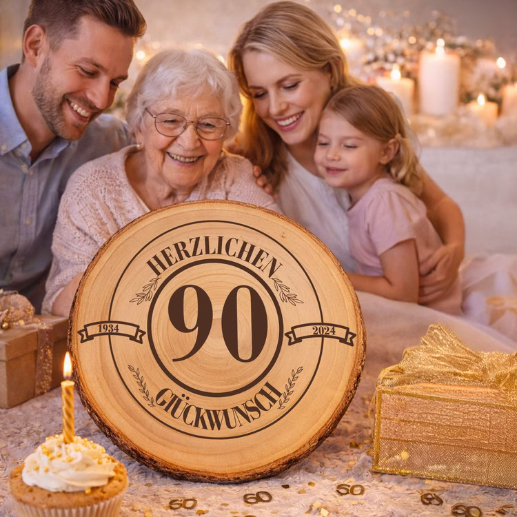 Baumscheibe Herzlichen Glückwünsch mit Wunschzahl-Gravur 30 cm Geburtstag Geschenkidee Jubiläum Deko dekorativ Glückliche ältere Frau mit Familie bei der Geburtstagsfeier, im Vordergrund eine Baumscheibe mit Gravur „Herzlichen Glückwunsch 90“. Hinweis: KI generiertes Bild