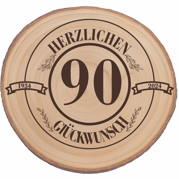 Baumscheibe Herzlichen Glückwünsch mit Wunschzahl-Gravur 30 cm Geburtstag Geschenkidee Jubiläum Deko dekorativ Runde Holz-Baumscheibe mit natürlicher Rinde und Gravur zum 90. Geburtstag, neutral freigestellt auf weißem Hintergrund.