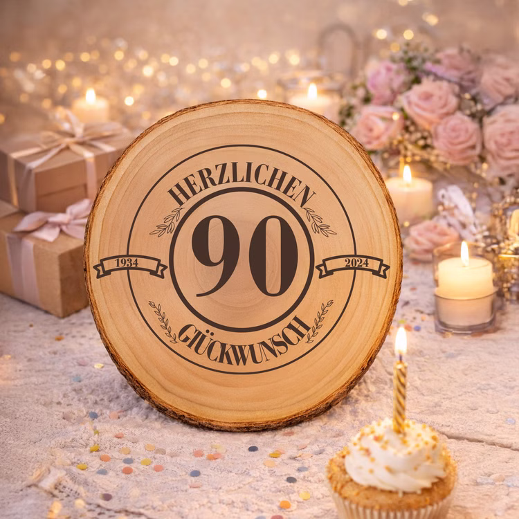 Baumscheibe Herzlichen Glückwünsch mit Wunschzahl-Gravur 30 cm Geburtstag Geschenkidee Jubiläum Deko dekorativ Holz-Baumscheibe zum 90. Geburtstag in stimmungsvoller Tischdekoration mit Kerzen, Blumen und goldenen Konfetti-Zahlen.
