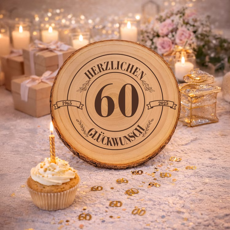 Baumscheibe Herzlichen Glückwünsch mit Wunschzahl-Gravur 30 cm Geburtstag Geschenkidee Jubiläum Deko dekorativ Baumscheibe mit Gravur „Herzlichen Glückwunsch 60“ dekorativ arrangiert mit Kerzen, Geschenken und goldener Geburtstagsdekoration.
