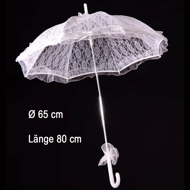 Schirm Weiß Ø 65 cm für Hochzeit Trauung mit Spitze 80 cm lang Kostüm-Zubehör Fasching Karneval Barock Deko Foto-Shooting Schirm Weißer Spitzenschirm aufgespannt mit 65 Zentimeter Durchmesser und weißem Kunststoffgriff und Maßangaben vor schwarzem Hintergrund