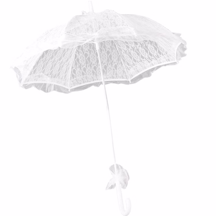 Schirm Weiß Ø 65 cm für Hochzeit Trauung mit Spitze 80 cm lang Kostüm-Zubehör Fasching Karneval Barock Deko Foto-Shooting Schirm Weißer Spitzenschirm aufgespannt mit 65 Zentimeter Durchmesser und weißem Kunststoffgriff von Vorne
