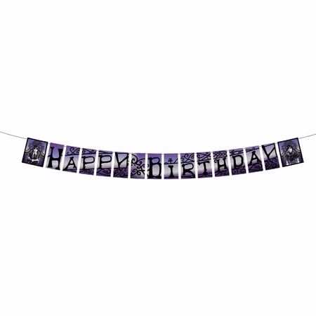 Wednesday Happy Birthday Banner 200 x 18,5 cm Party-Zubehör Deko SALE Party-Deko Dekoration Geburtstag Geburtstagsbanner Wednesday Happy Birthday Banner in Lila und Schwarz mit dekorativen Ornamenten und Figurenmotiven, aufgehängt an einer Schnur