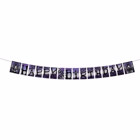 Wednesday Happy Birthday Banner 200 x 18,5 cm Party-Zubehör Deko SALE Party-Deko Dekoration Geburtstag Geburtstagsbanner Wednesday Happy Birthday Banner in Lila und Schwarz mit dekorativen Ornamenten und Figurenmotiven, aufgehängt an einer Schnur