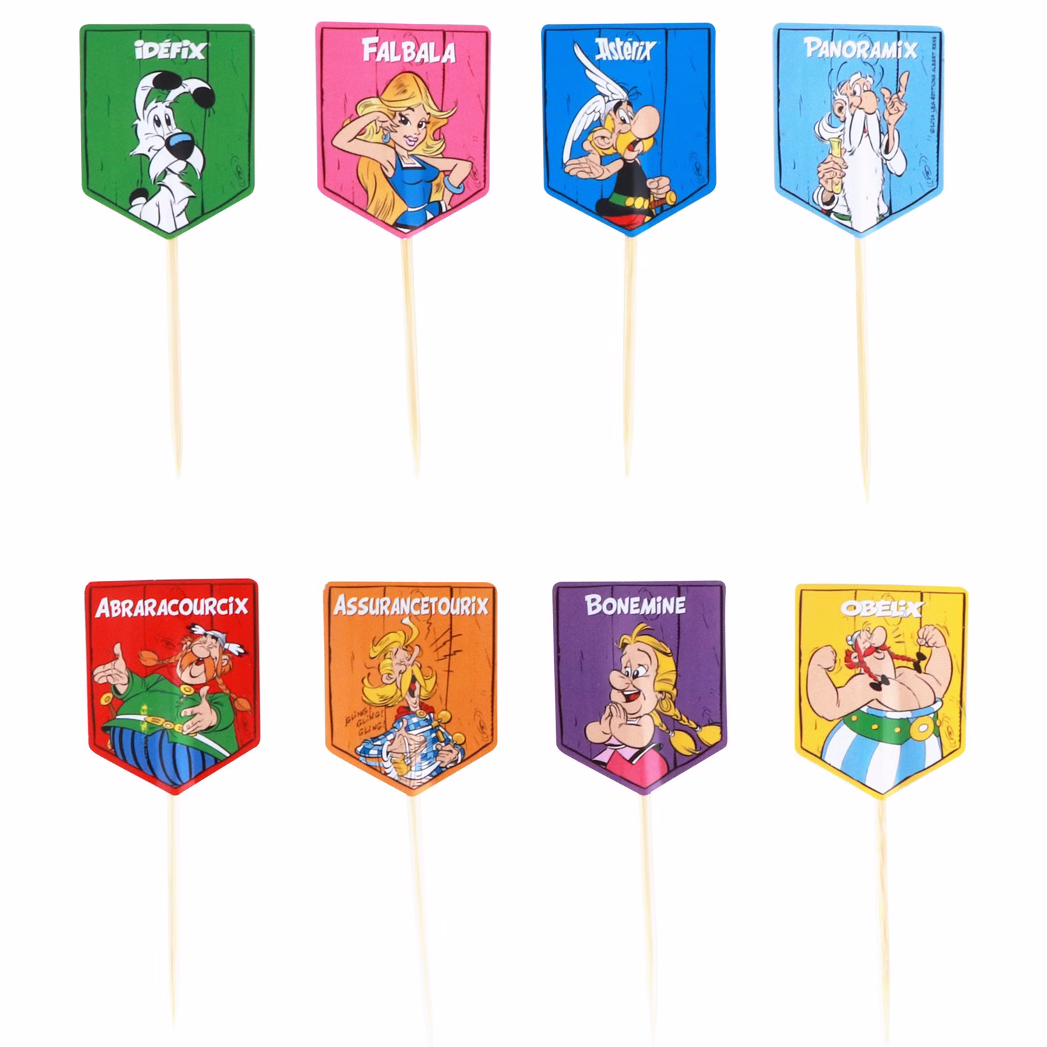 Asterix & Obelix Tisch-Deko Servier-Etagere Hinkelstein mit 12 Muffin-Formen & 8 Cupcake Sticks Geburtstag Dekoration Fasching Karneval Mottoparty 8 Zahnstocher mit verschiedenen Asterix und Obelix-Motiven zum Dekorieren für Muffins, Cupcakes oder Kuchen