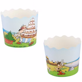 Asterix & Obelix Tisch-Deko Servier-Etagere Hinkelstein mit 12 Muffin-Formen & 8 Cupcake Sticks Geburtstag Dekoration Fasching Karneval Mottoparty Muffinformen aus Papier mit Asterix und Obelix-Motiven