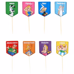Asterix & Obelix Tisch-Deko Servier-Etagere Hinkelstein mit 12 Muffin-Formen & 8 Cupcake Sticks Geburtstag Dekoration Fasching Karneval Mottoparty 8 Zahnstocher mit verschiedenen Asterix und Obelix-Motiven zum Dekorieren für Muffins, Cupcakes oder Kuchen