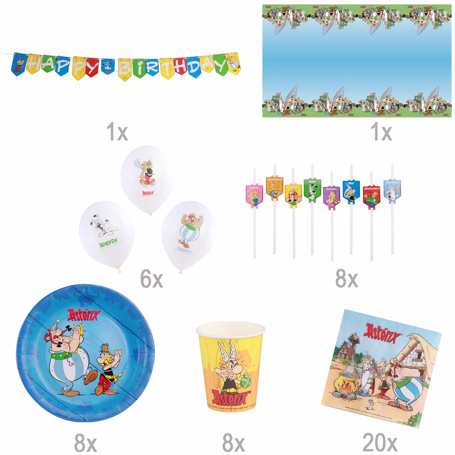 Asterix & Obelix Geburtstag Party-Set Tisch-Deko 52-tlg. Part-Deko Party-Zubehör Kindergeburtstag Comic-Helden Dekoration gedeckter Tisch Übersicht der enthaltenen Bestandteile des Asterix & Obelix Party-Sets mit Mengenangaben zu Dekoration und Geschirr.